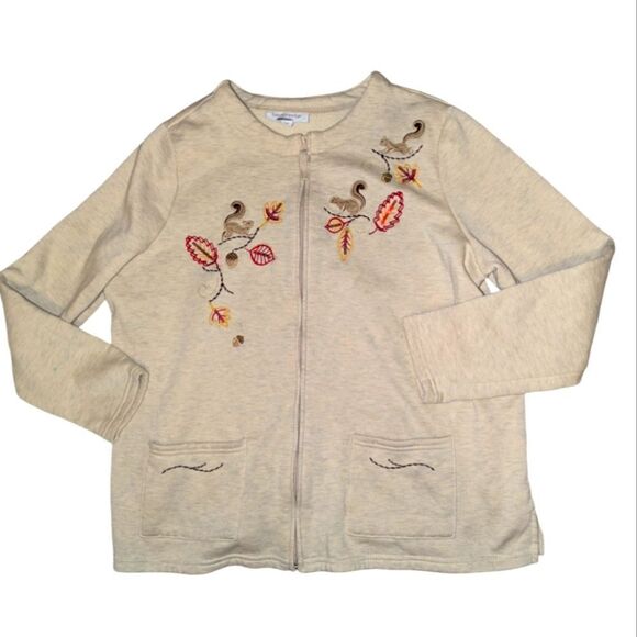 Breckenridge Woman tan embroidered squirrel fall cardigan sweatshirt size 2X‎ - Picture 1 of 8